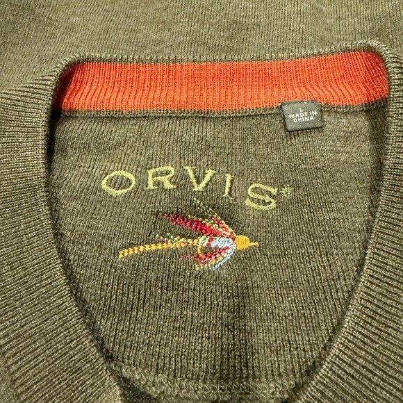 Orvis Mens V-Neck Sweater Long Sleeve Green Knit Pullover Fly Fishing - Picture 3 of 4
